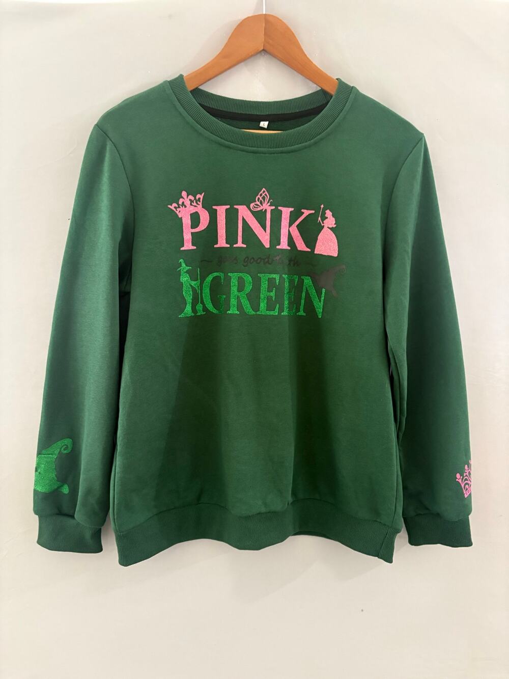 Pink Goes Good With Green Glitter Crewneck Sweatshirt Women's L Fits M